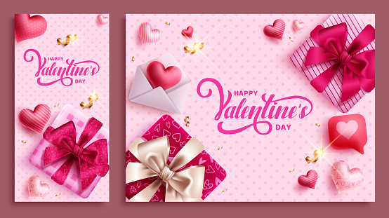 Happy valentine's day text vector set vector design. Valentine's day greeting card with gift boxes and heart balloons for invitation banner and poster collection. Vector illustration holiday season hearts day.