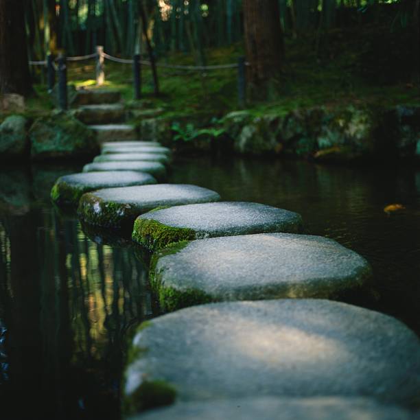 Zen garden stepping stones in Kyoto, Japan Kyoto, Japan - October 10, 2010: Stepping stones across a pond in a Zen temple garden.  japanese garden stock pictures, royalty-free photos & images