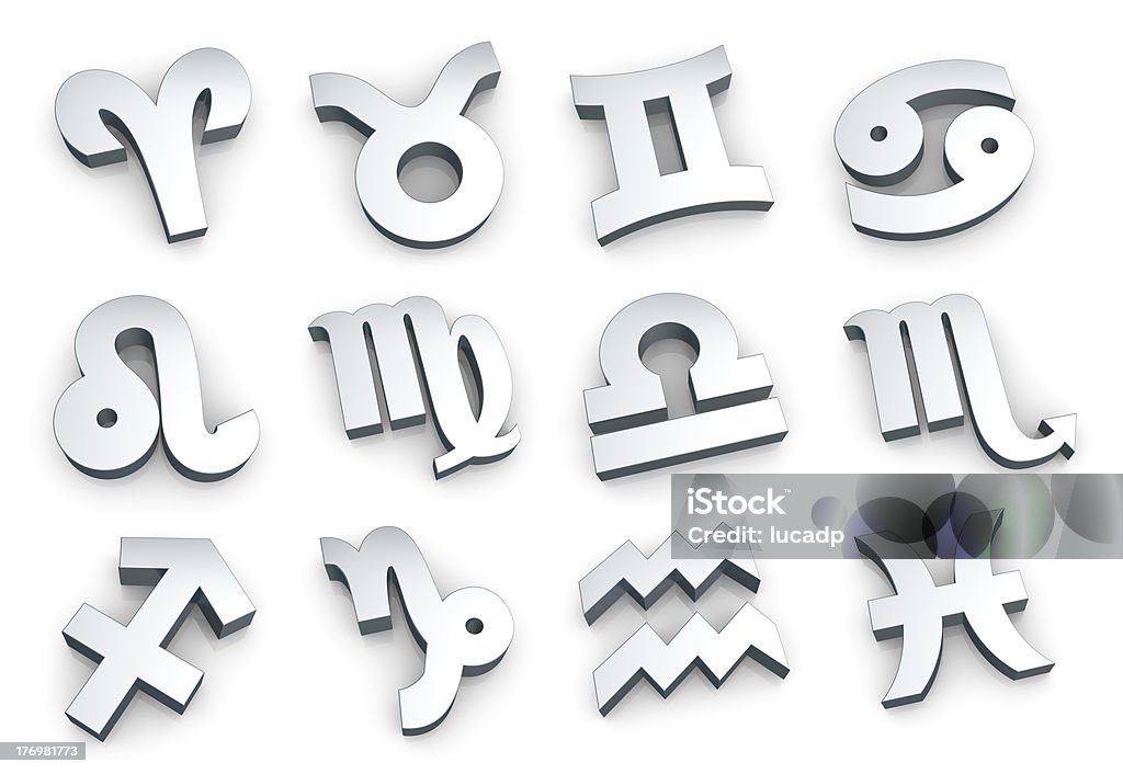 zodiac sign,  complete set set of all of the zodiac signs made with steel (3d render) Astrology Sign Stock Photo