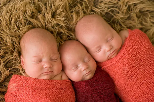 Identical newborn triplet girls sleeping peacefully on soft fur.