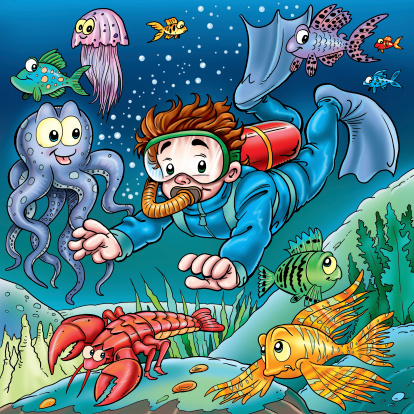 Under water cartoon background with octopus, swimming fish and coral reef. 3D render illustration.