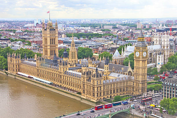 Aerial view of London "Aerial view of London, England" houses of parliament london stock pictures, royalty-free photos & images