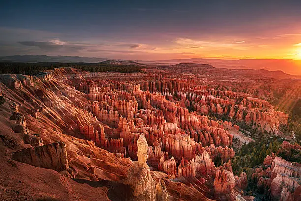 Morning sunlight over the amphitheater at Bryce Canyon viewed from Inspiration Point.