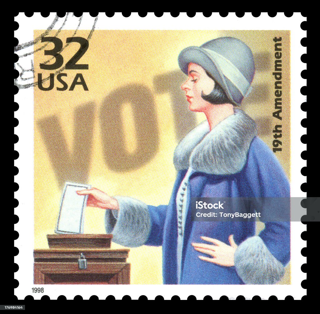 USA Postage Stamp Vote Women's Suffrage USA vintage postage stamp showing an image of a woman voting in the 1920's commemorating women's suffrage Women Stock Photo
