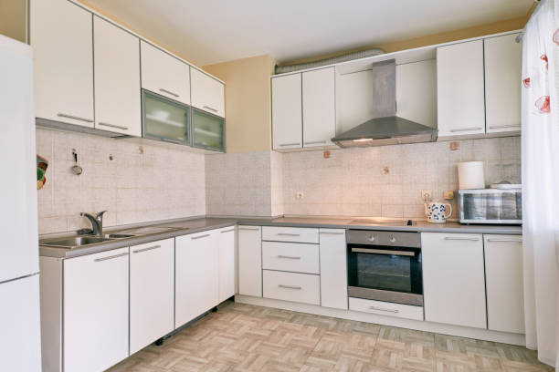 istock Modern kitchen with cabinet, extractor hood and two sinks 1769843074