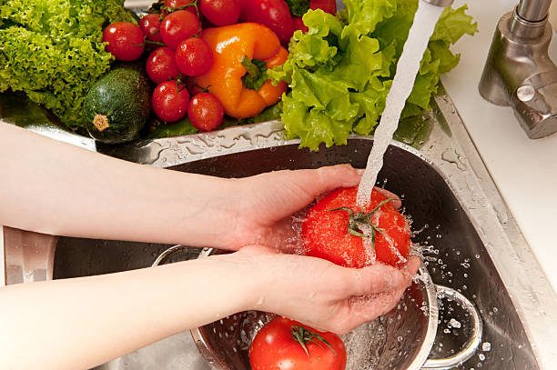 Woman washing tomatoes in the sink stock photo