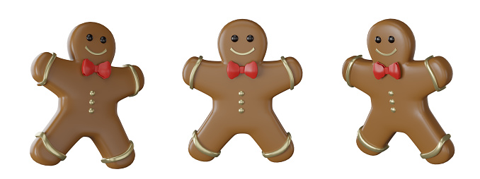 3D Holiday Gingerbread Man Cookie in Shape of Man with Colored Icing. Happy New Year Decoration. Merry Christmas and Xmas Celebration. cartoon illustration rendering. transparent background.