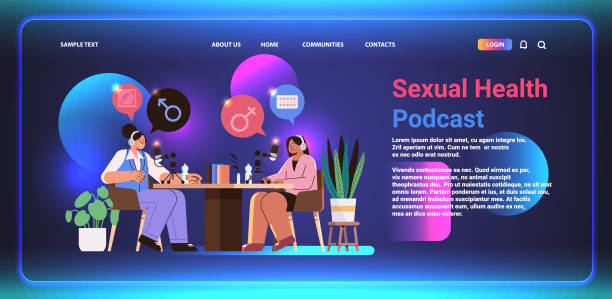 ilustrações de stock, clip art, desenhos animados e ícones de podcasters talking to microphones sexual health podcast contraceptive methods contraception and reproduction system human sexuality - sex and reproduction audio