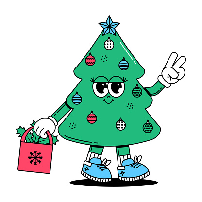 Christmas funky character Christmas tree in retro groovy style. Happy New Year in vintage cartoon 60s, 70s style. Vector illustration.