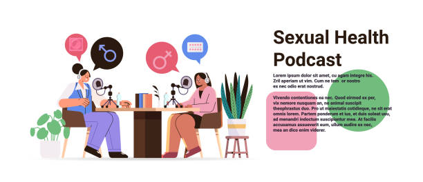 podcasterzy rozmawiający z mikrofonami zdrowie seksualne podcast metody antykoncepcji system antykoncepcji i rozrodu seksualność człowieka - sex and reproduction audio stock illustrations
