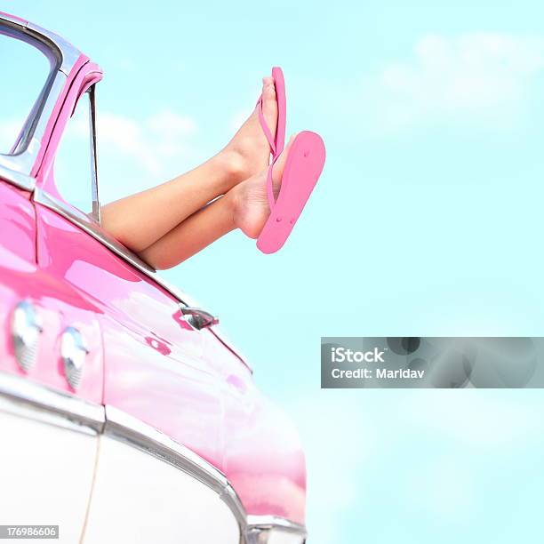 Summer Fun Vintage Car Stock Photo - Download Image Now - Pink Color, Car, Women