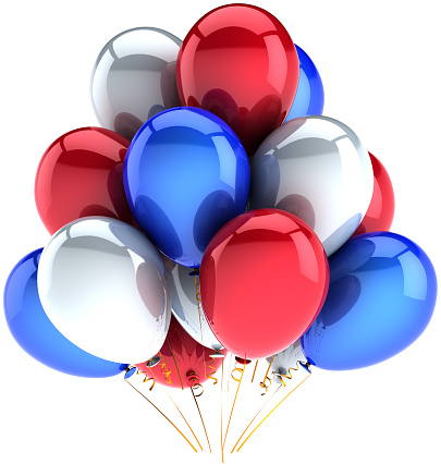 Happy birthday party balloons colored for 4th July Independence Day. USA national decoration colored for anniversary celebration. Happy joy positive abstract. Detailed 3d render. Isolated on white background.