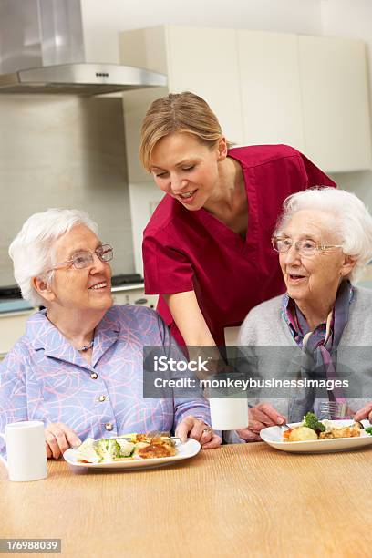 선임 여자대표 Carer 집에서 즐기는 식사 노인에 대한 스톡 사진 및 기타 이미지 - 노인, 요양 시설, 점심