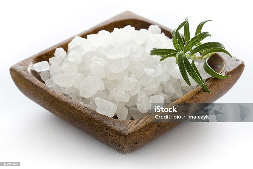 Salt from sea Healthy salt from sea in wooden bowl closeup Bathroom Stock Photo