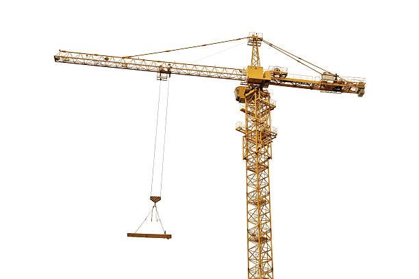 yellow crane isolated on white yellow hoisting crane isolate on white background hoisting photos stock pictures, royalty-free photos & images
