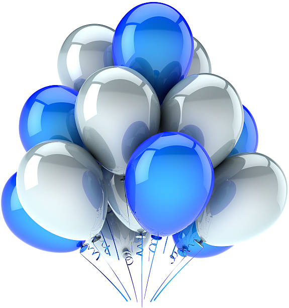 Party balloons birthday decoration blue grey colorful. Childhood happy dreams abstract. Anniversary celebration retirement concept. Marriage announcement. Detailed 3d render. Isolated on white background.