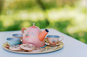 Colorful toy teapot with cups and cookies stands on a tray on a table in the garden for a tea party