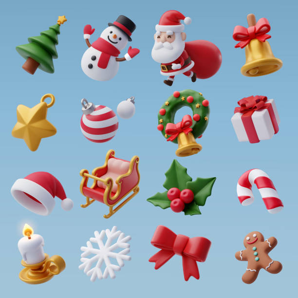 kolekcja ikon świątecznych 3d, koncepcja wesołych świąt i szczęśliwego nowego roku. - christmas holiday vacations candy cane stock illustrations