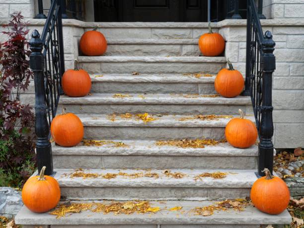 istock Front steps of house with pumpkins for Thanksgiving decorations 1769909364
