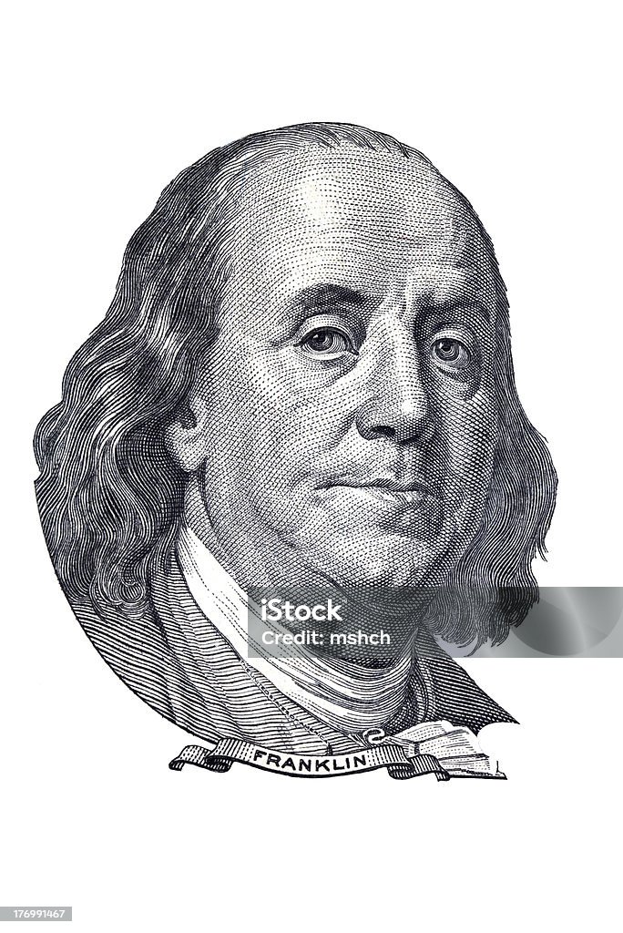 Franklin portrait of $100 banknote. Benjamin Franklin portrait in the one hundred US dollars banknote. Isolated on white. Benjamin Franklin Stock Photo