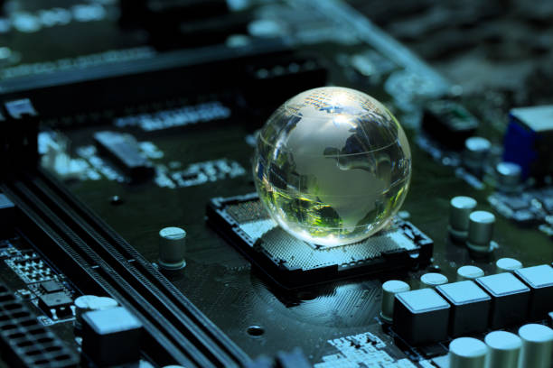 Concept of green technology. crystal globe on circuit board technology innovations. Environment Green Technology Computer Chip.Green Computing and Technology, CSR, and IT ethics, Ai.