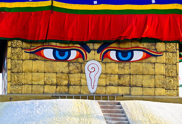 Buddha eyes on a Boudha Nath (Bodhnath) stupa,Nepal stock photo
