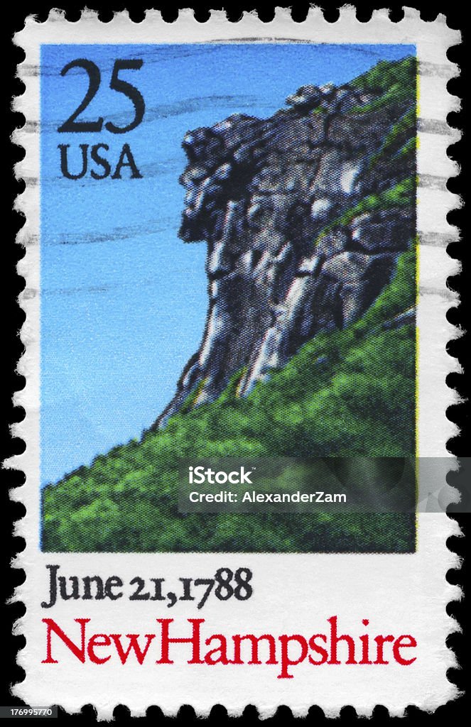 New Hampshire "A Stamp printed in USA shows Landscape with Cliff, New Hampshire, Ratification of the Constitution series, circa 1988" Art Stock Photo