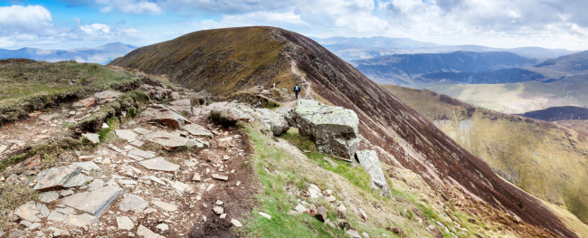 A popular walking route amongst fell walkers in the English Lake District. Descending from Eel crag to Sail fell.