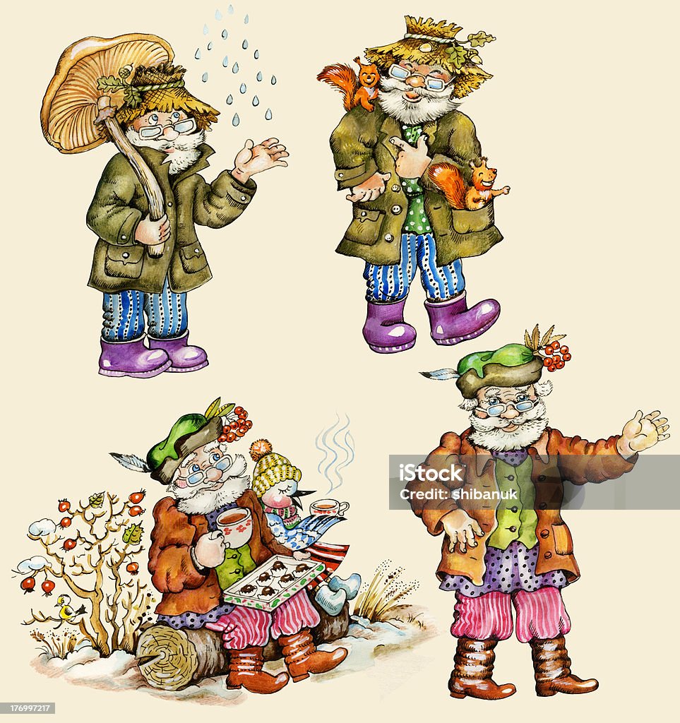 Маленький Забавный лес старый человек символы набор - Стоковые иллюстрации Активный пенсионер роялти-фри