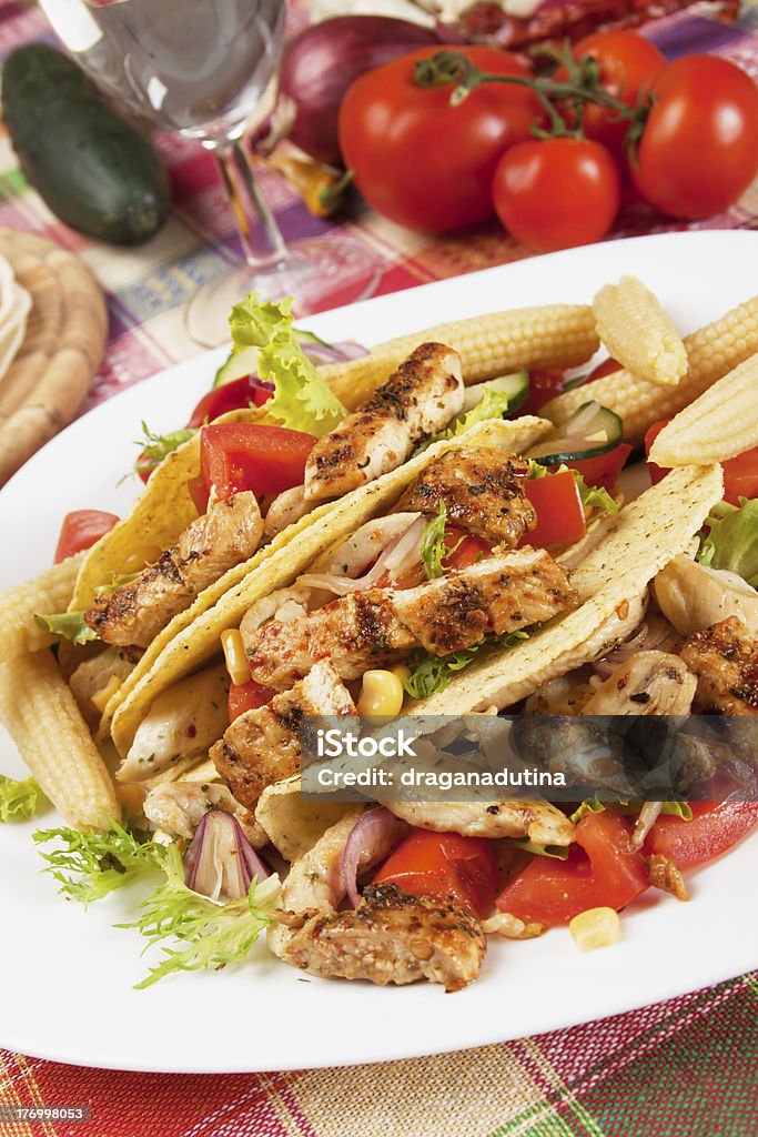 Chicken salad in taco shells Chicken and vegetable salad served in taco shells Chicken Taco Stock Photo