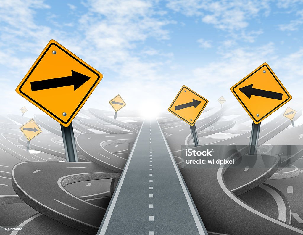 Clear strategy and leadership solutions Clear strategy and solutions for business leadership symbol with a straight path to success as a journey choosing the right strategic path for business with blank yellow traffic signs cutting through a maze of tangled roads and highways. Tied Up Stock Photo