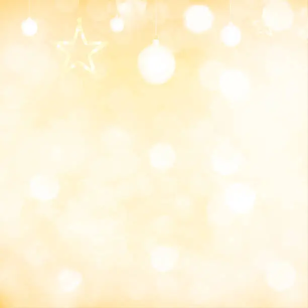 Vector illustration of Glittery shimmery shiny horizontal monochrome vector backgrounds in bright gradient light golden yellow beige color with bubbles or lens flare all over like defocused bokeh lights for Christmas and New Year celebrations with illuminated star