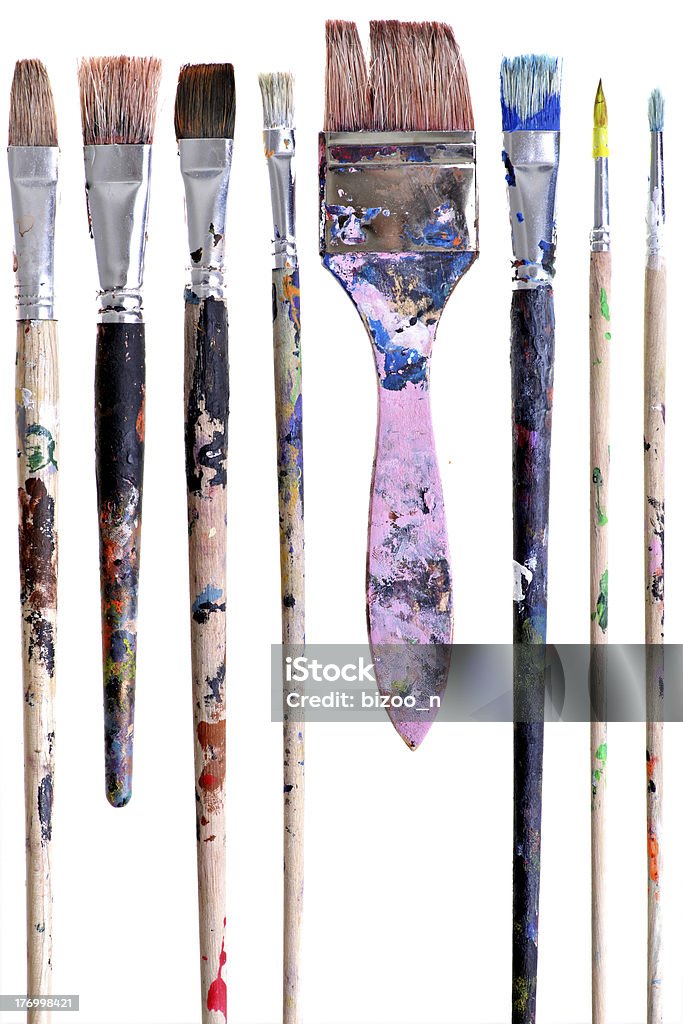 Dirty brushes Various dirty paint brushes displayed side by side Paintbrush Stock Photo