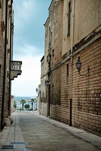 narrow road narrow street typical of the countries of southern Italy with the background palm trees and sea palazzo antico stock pictures, royalty-free photos & images