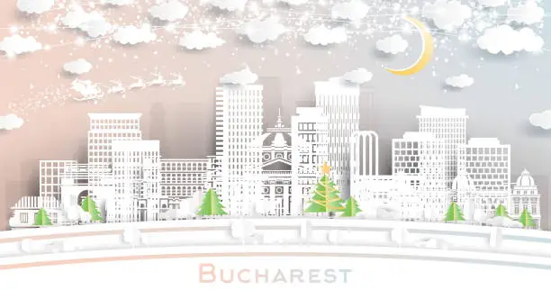 Vector illustration of Bucharest Romania. Winter city skyline in paper cut style with snowflakes, moon and neon garland. Christmas and new year concept. Santa Claus. Bucharest cityscape with landmarks.