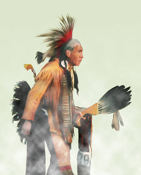 Shaman Elder - Digital Painting digital painting of a dancing Native American elder dressed in traditional pow-wow regalia. pow wow stock illustrations