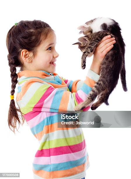 Ragazza Felice Sollevate Due Micio - Fotografie stock e altre immagini di Gatto domestico - Gatto domestico, Sollevare, Bambino