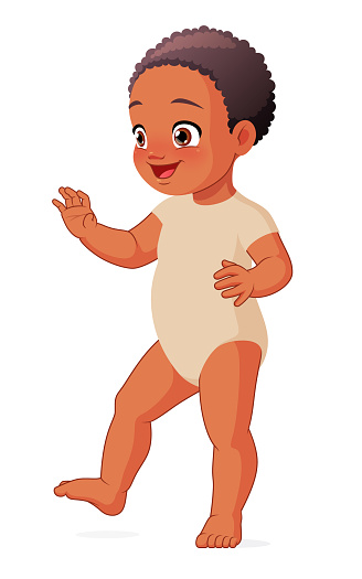 Cute happy little African American baby toddler making his first steps. Cartoon style vector illustration isolated on white background.