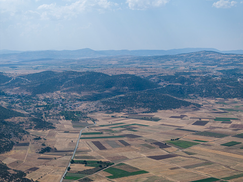Aerial view of agricultural fields in Burdur, Turkey. Taken via drone.