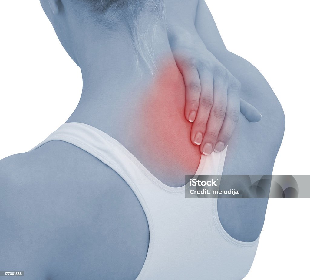 Acute pain in a woman neck Acute pain in a woman neck. Female holding hand to spot of neck-aches. Concept photo with Color Enhanced blue skin with read spot indicating location of the pain. Isolation on a white background. Adult Stock Photo