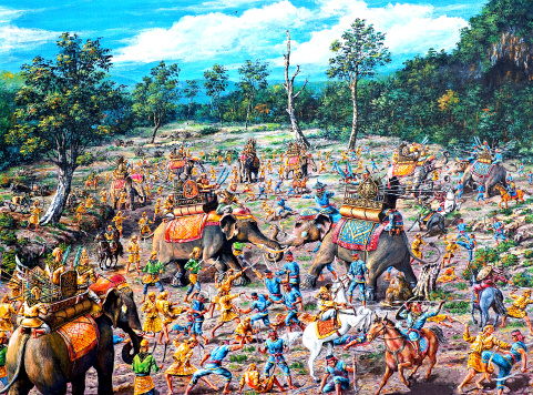 original oil painting on canvas - ancient battle between Thai and Burmese