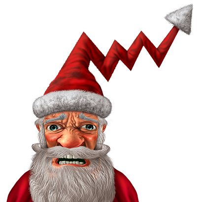 Rising Christmas Gift Prices and Holiday inflation as a Business concept as Santa Claus in a symbol for economic rise in prices for goods and services during winter and the New Year season or Black Friday.