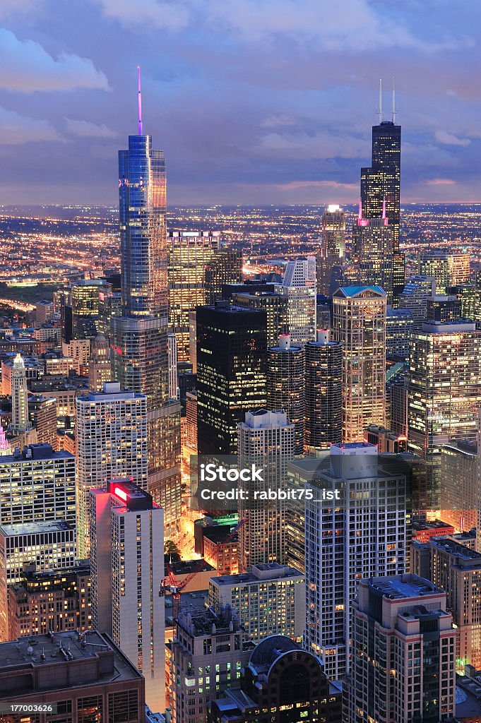 Chicago skyline panorama aerial view Chicago skyline panorama aerial view with skyscrapers with cloudy  sky at dusk. Chicago - Illinois Stock Photo