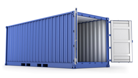 Opened blue freight container isolated on white background