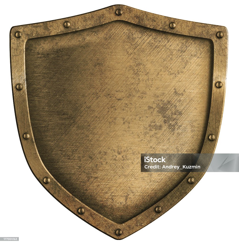 Idoso Latão ou bronze isolado no branco Escudo de metal - Royalty-free Proteger com Escudo Foto de stock