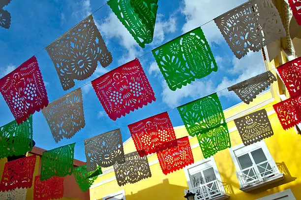 Celebratory flags at a market in San Miguel de Cozumel in Mexico