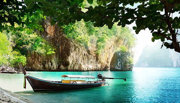 istock long boat on island in Thailand 177004884