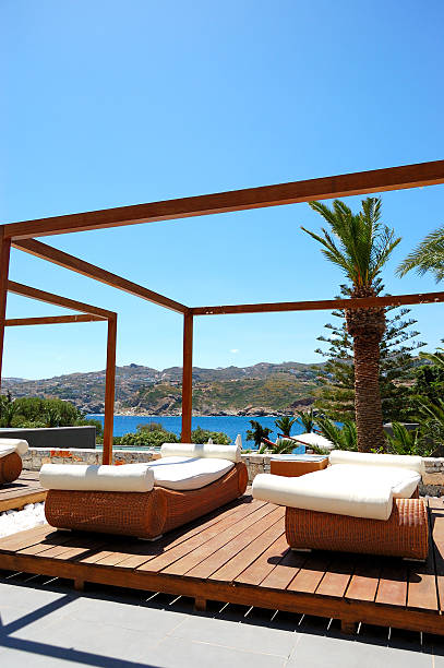 istock Modern hut and sunbeds at luxury hotel, Crete, Greece 177005683