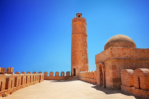 Red bricks construction of Ribat Tower in Sousse stock photo