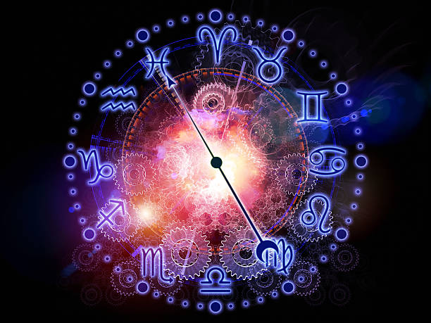 Zodiac nebulae "Abstract design made of Zodiac symbols, gears, lights and abstract design elements on the subject of astrology, child birth, fate, destiny, future, prophecy, horoscope and occult beliefs" fortune telling machine stock pictures, royalty-free photos & images